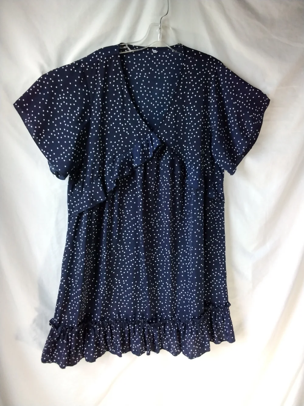 Navy Polka Dot Ruffle V-Neck Women's Dress